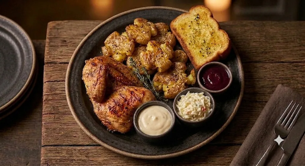 Half chicken plate with crispy smashed potatoes, brioche and creamy slaw