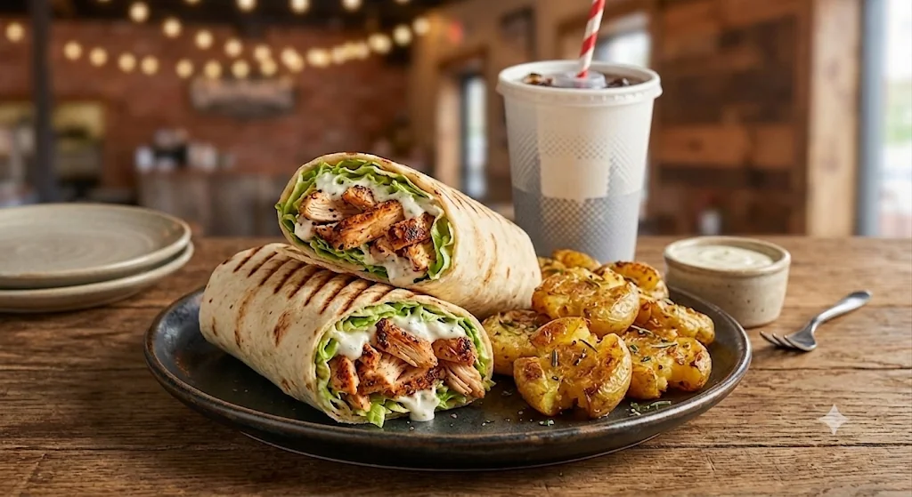 Freak'n Wrap combo with crispy smashed potatoes and a drink