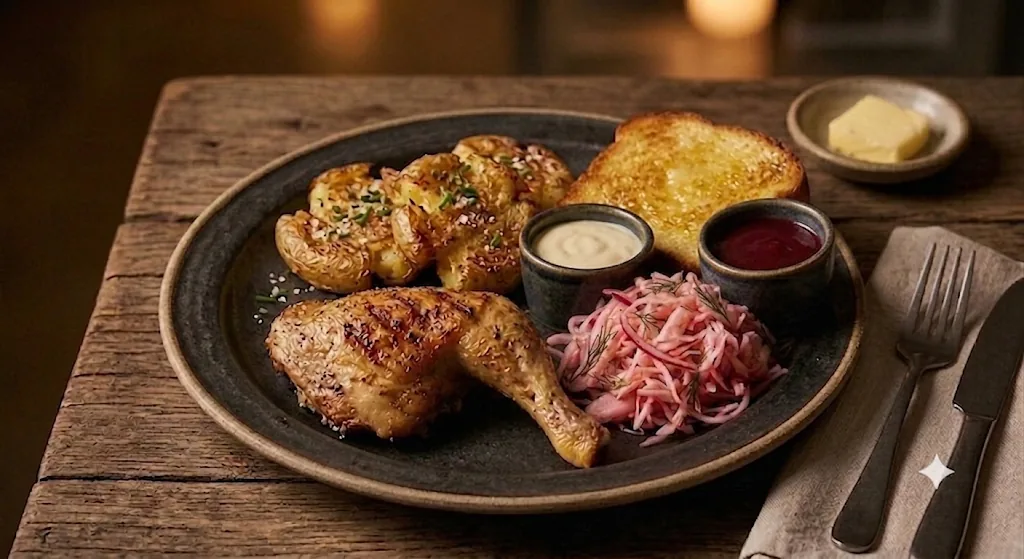 Quarter chicken plate with crispy smashed potatoes, brioche and pickled cabbage