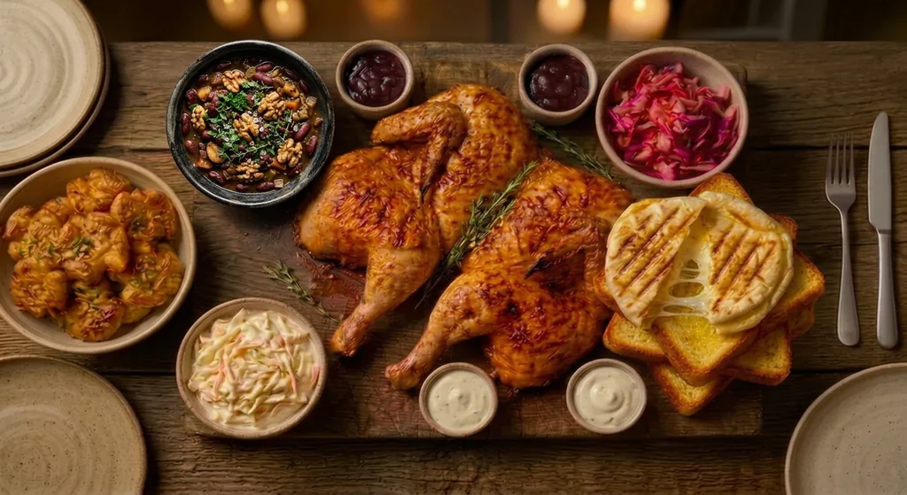 Whole chicken family spread with sides and sauces