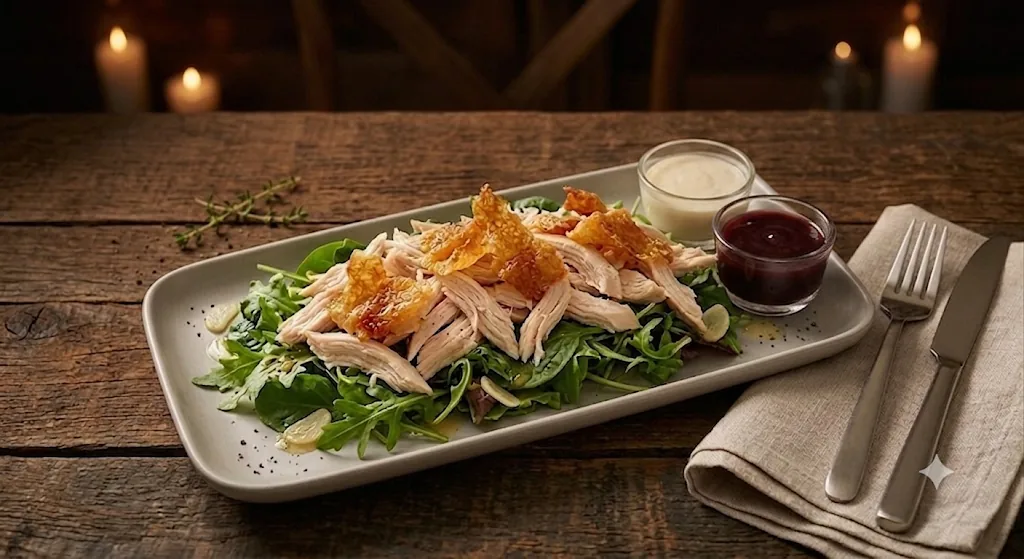 Shredded white meat chicken platter served over greens